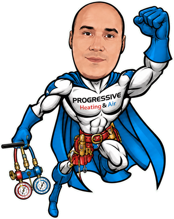 Progressive Heating & Air superhero mascot flying above the company van