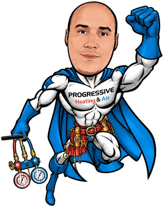 Progressive Heating & Air superhero mascot flying above the company van